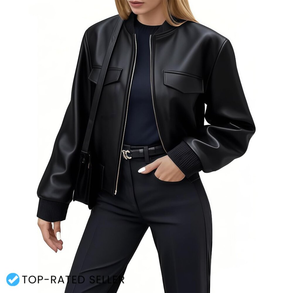 Faux Leather Cropped Bomber Jacket Modern Aviator Style Chic Streetwear